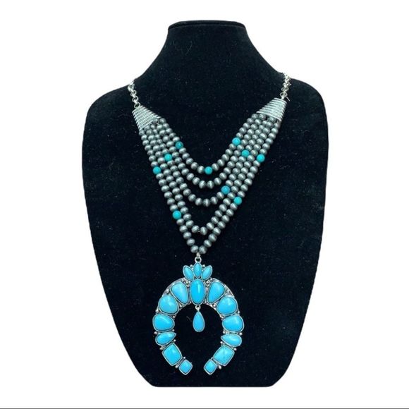 Jewelry - Silver and Turquoise Squash Blossom Necklace NWT